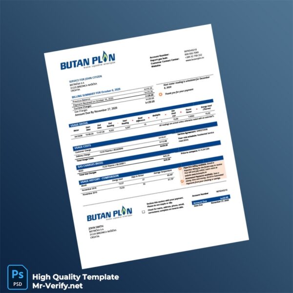 Croatia Butan Plin d o o Editable Gas Utility Bill Template in Word and PDF formats