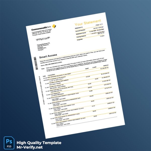 Curaçao Commonwealth Bank Statement Template in Word and PDF formats