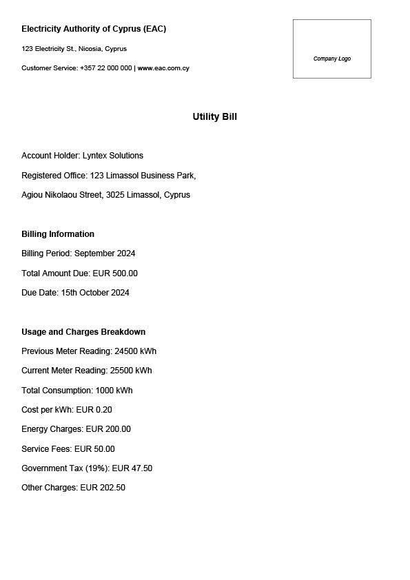 Cyprus Lyntex Solutions Editable Utility Bill Template in Word and PDF formats 2 page