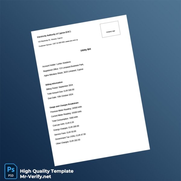 Cyprus EAC Editable Utility Bill Template in Word and PDF formats 2 page