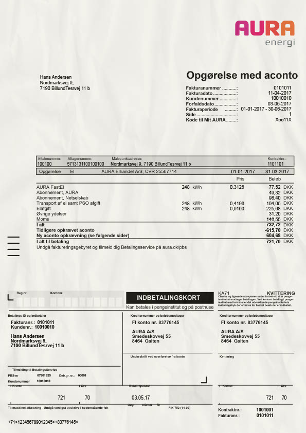 Denmark Aura Elhandel A_S Editable Utility Bill Template in Word and PDF formats