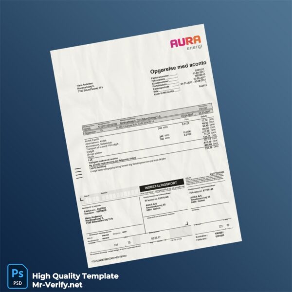 Denmark Aura Elhandel A_S Editable Utility Bill Template in Word and PDF formats
