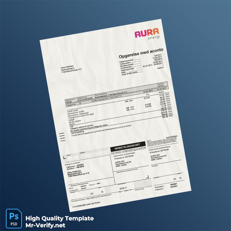 Denmark Aura Elhandel A_S Editable Utility Bill Template in Word and PDF formats Denmark Aura Elhandel A_S Editable Utility Bill Template in Word and PDF formats