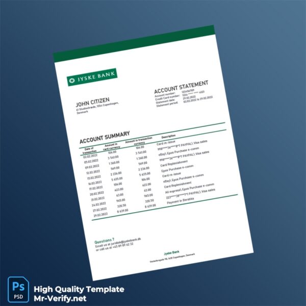 Denmark Jyske Bank Credit Card Statement Template in Word and PDF formats