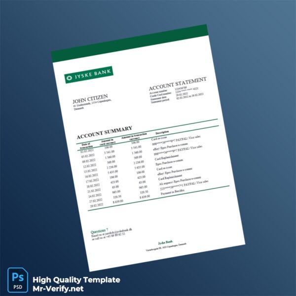Denmark Jyske Bank Statement Template in Word and PDF formats