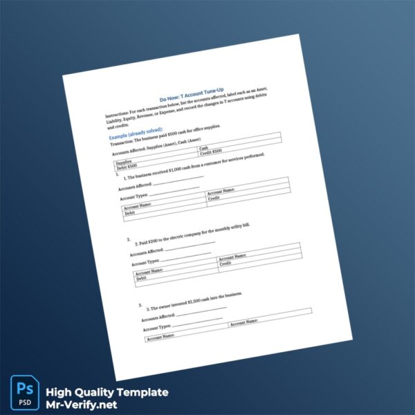Editable T Account Refresher Do Now Template in Word and PDF formats 2 page