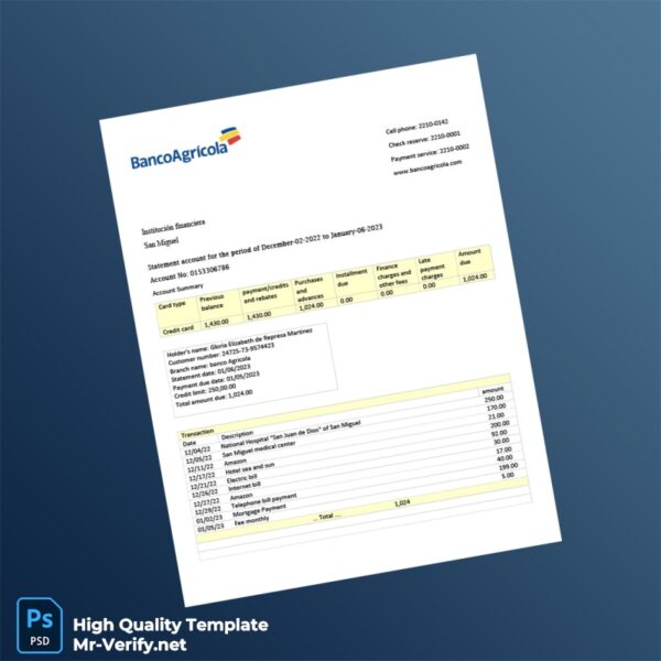 El Salvador Banco Agrícola Credit Card Statement Template in Word and PDF formats