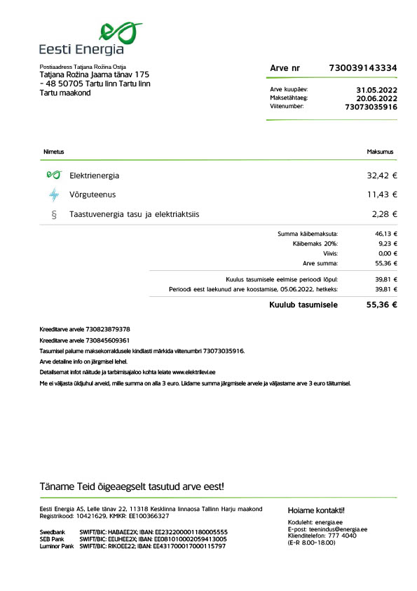 Estonia Eesti Energia Editable Utility Bill Template in Word and PDF formats 4 page