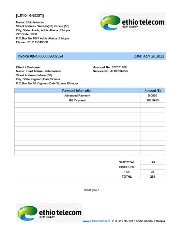 Ethiopia Ethio Telecom Editable Utility Bill Template in Word and PDF formats