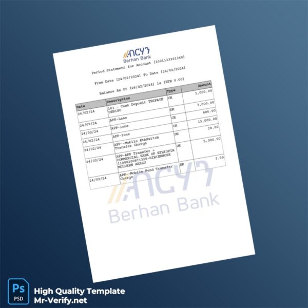 Ethiopia Berhan Bank Statement Template in Word and PDF formats