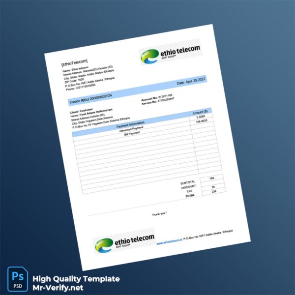 Ethiopia Ethio Telecom Editable Utility Bill Template in Word and PDF formats