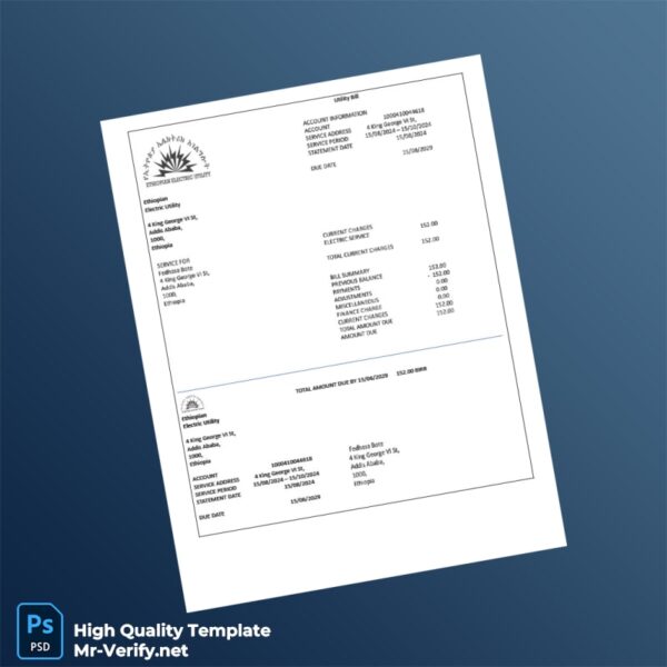 Ethiopia Ethiopian Electric Utility Editable Electricity Bill Template in Word and PDF formats