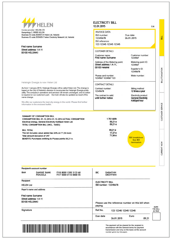 Finland Helen Ltd Editable Electricity Bill Template in Word and PDF formats