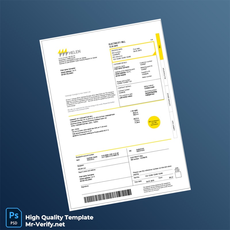 Finland Helen Ltd Editable Electricity Bill Template in Word and PDF formats Finland Helen Ltd Editable Electricity Bill Template in Word and PDF formats