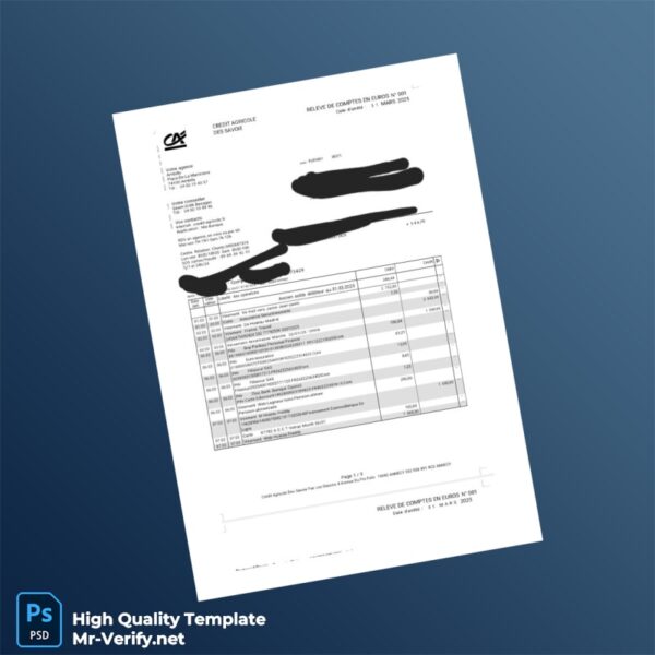 France Crédit Agricole Bank Statement Template in Word and PDF formats
