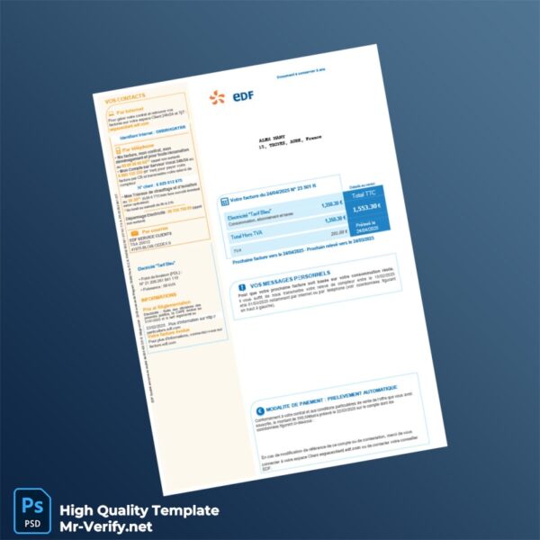 France EDF Editable Electricity Bill Template in Word and PDF formats