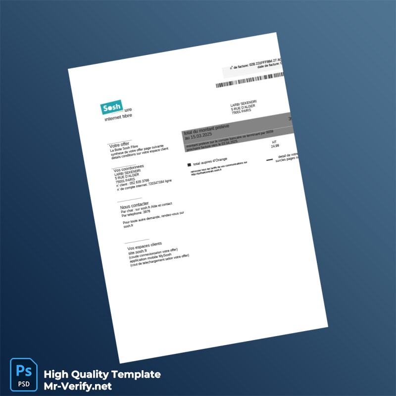 France Sosh Editable Utility Bill Template in Word and PDF formats 2 page France Sosh Editable Utility Bill Template in Word and PDF formats 2 page