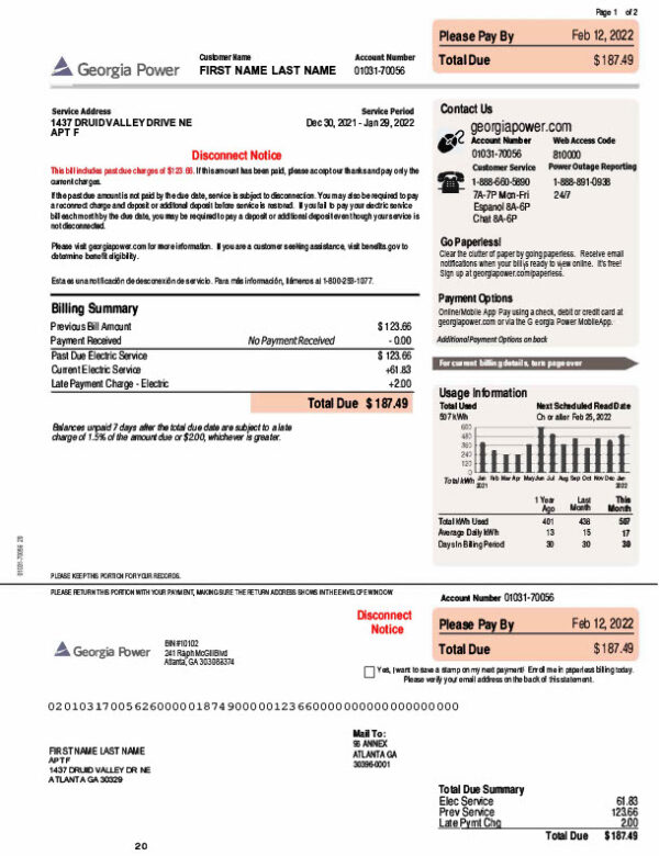Georgia Georgia Power Editable Electricity Bill Template in Word and PDF formats