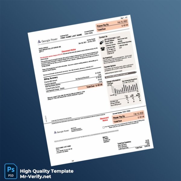 Georgia Power Editable Electricity Bill Template in Word and PDF formats
