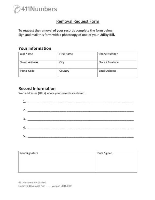 Germany 411Numbers Limited Editable Removal Request Form Template in Word and PDF formats 2 page