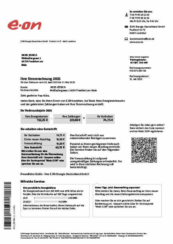 Germany E ON Energie Deutschland GmbH Editable Electricity Bill Template in Word and PDF formats