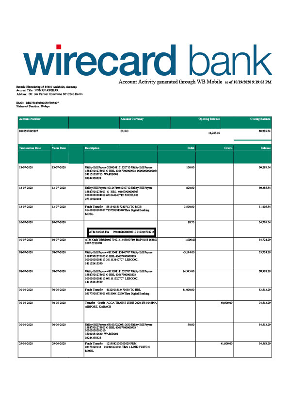 Germany Wirecard Bank Editable Bank Statement Template in Word and PDF formats 2 page