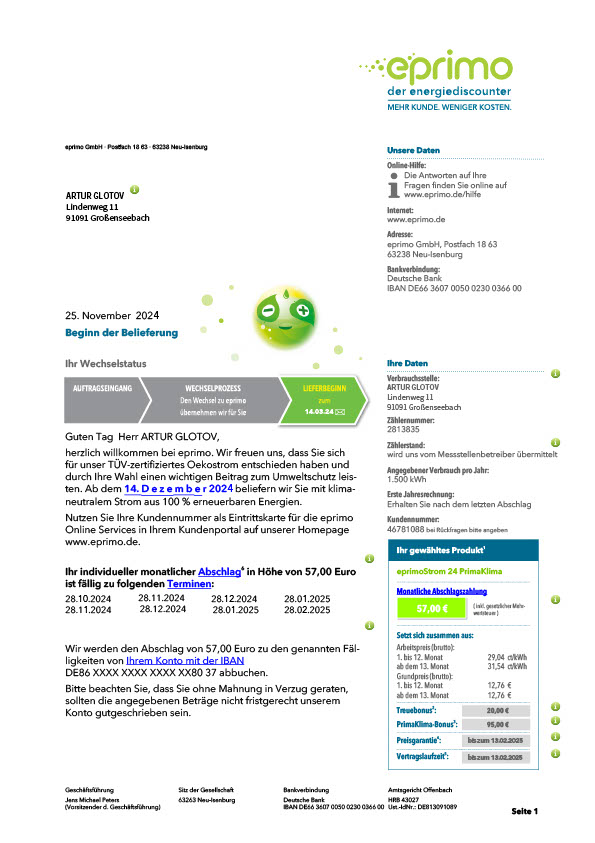 Germany eprimo GmbH Editable Electricity Bill Template in Word and PDF formats 2 page