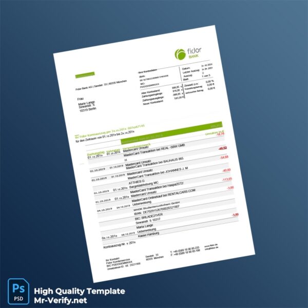 Germany Fidor Bank Statement Template in Word and PDF formats