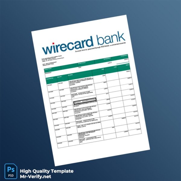 Germany Wirecard Bank Editable Bank Statement Template in Word and PDF formats 2 page
