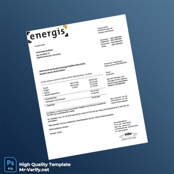 Germany energis GmbH Editable Utility Business Bill Template in Word and PDF formats