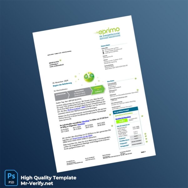 Germany eprimo Editable Electricity Bill Template in Word and PDF formats 2 page