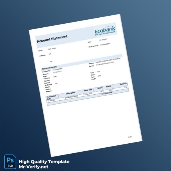 Ghana Ecobank Account Statement Template in Word and PDF formats