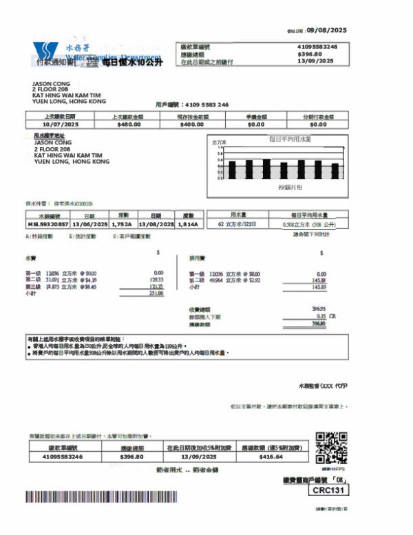 Hong Kong Water Supplies Department Editable Water Bill Template in Word and PDF formats
