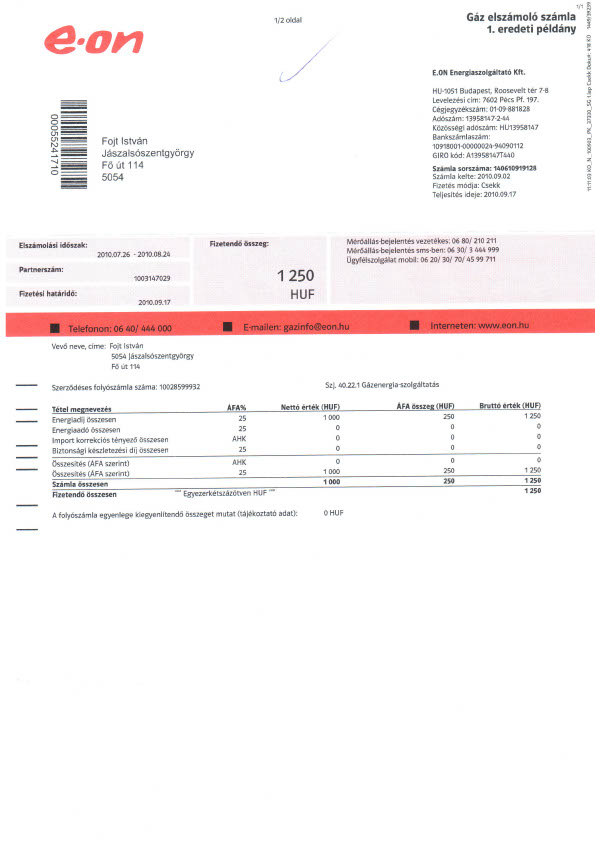 Hungary EON Energiaszolgáltató Zrt Editable Utility Bill Template in Word and PDF formats 2 page