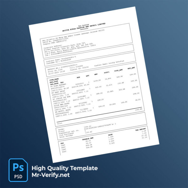 India Aditya Birla Fashion and Retail Ltd Editable Tax Invoice Template in Word and PDF formats