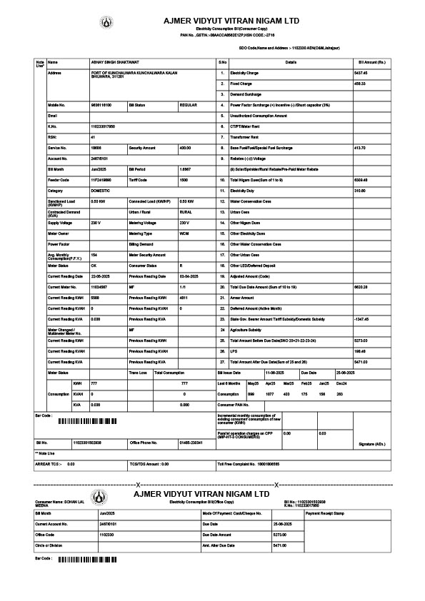 India Ajmer Vidyut Vitran Nigam Ltd Editable Electricity Bill Template in Word and PDF formats