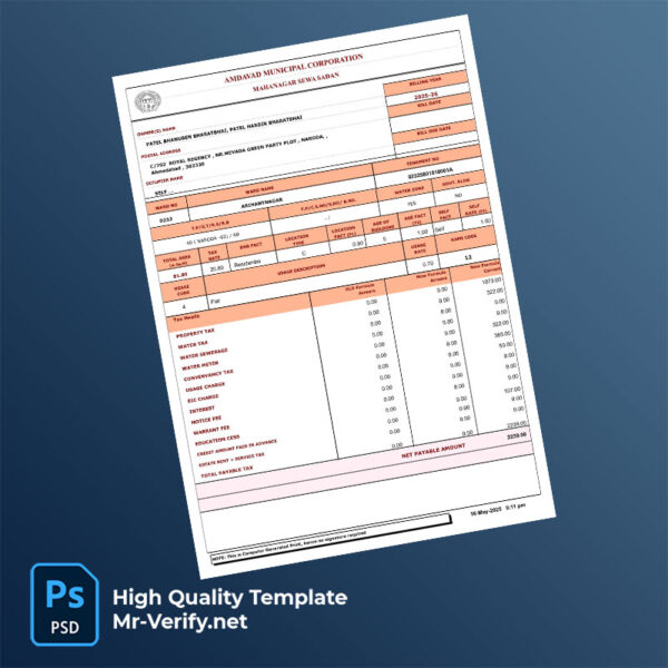 India Amdavad Municipal Corporation Editable Property Tax Bill Template in Word and PDF formats