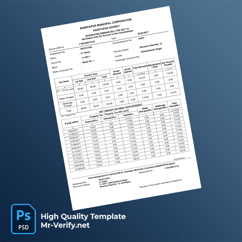 India Anantapur Municipal Corporation Editable Property Tax Bill Template in Word and PDF formats India Anantapur Municipal Corporation Editable Property Tax Bill Template in Word and PDF formats