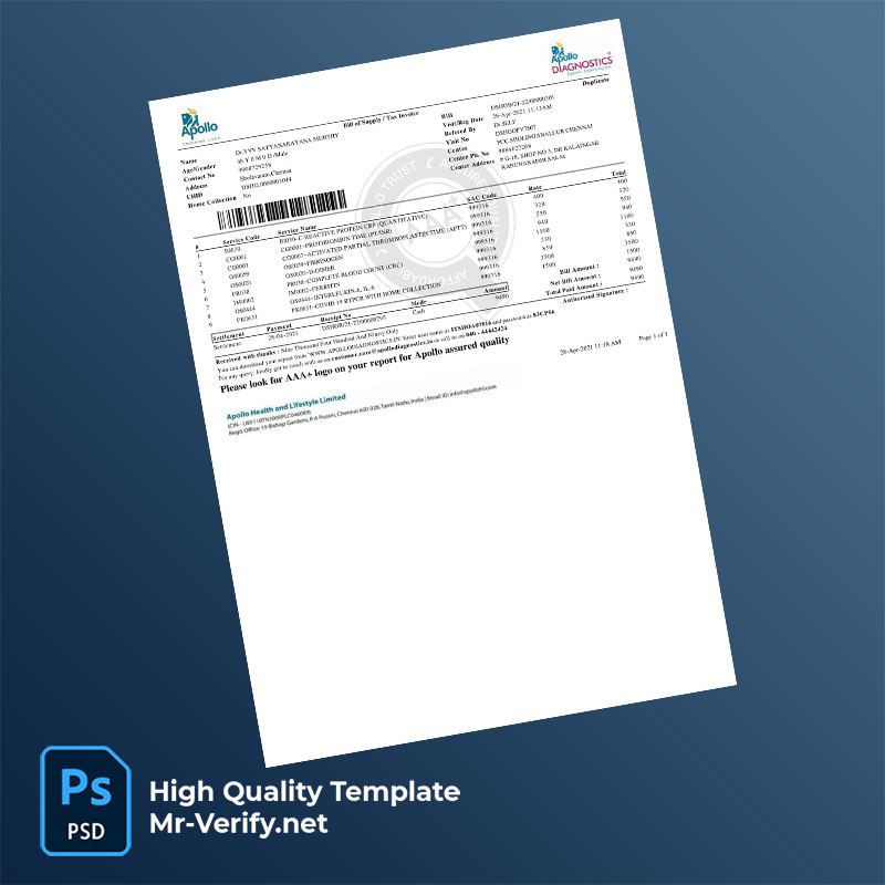 India Apollo Diagnostics Chennai Editable Medical Bill Template in Word and PDF formats India Apollo Diagnostics Chennai Editable Medical Bill Template in Word and PDF formats