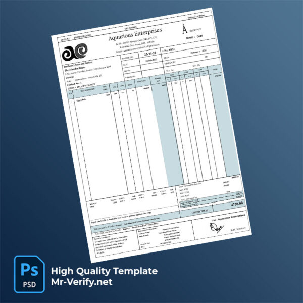 India Aquarious Enterprises Editable Sanitiser Tax Invoice Template in Word and PDF formats