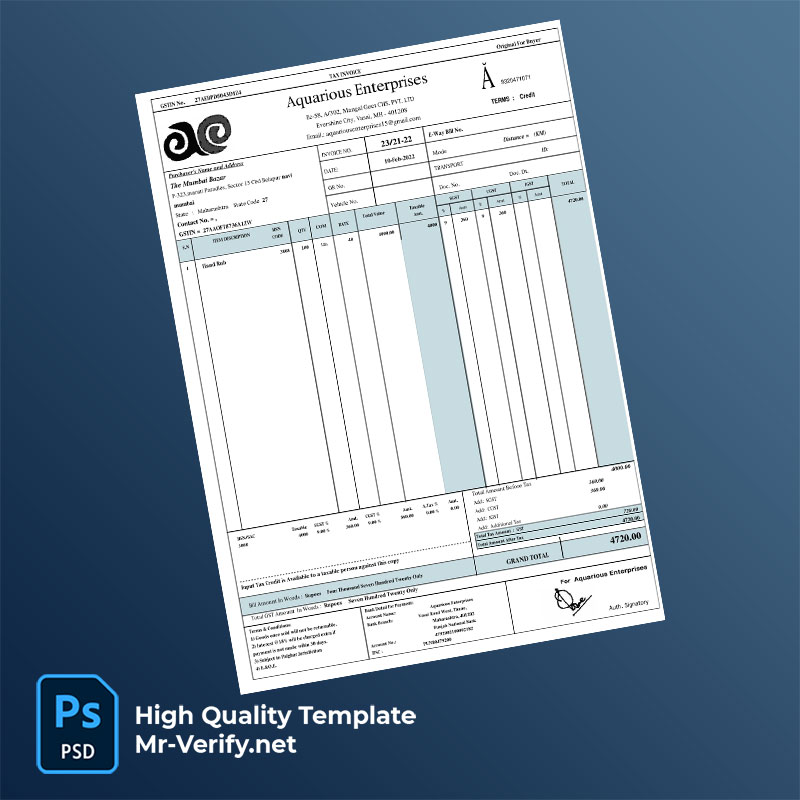 India Aquarious Enterprises Editable Sanitiser Tax Invoice Template in Word and PDF formats India Aquarious Enterprises Editable Sanitiser Tax Invoice Template in Word and PDF formats