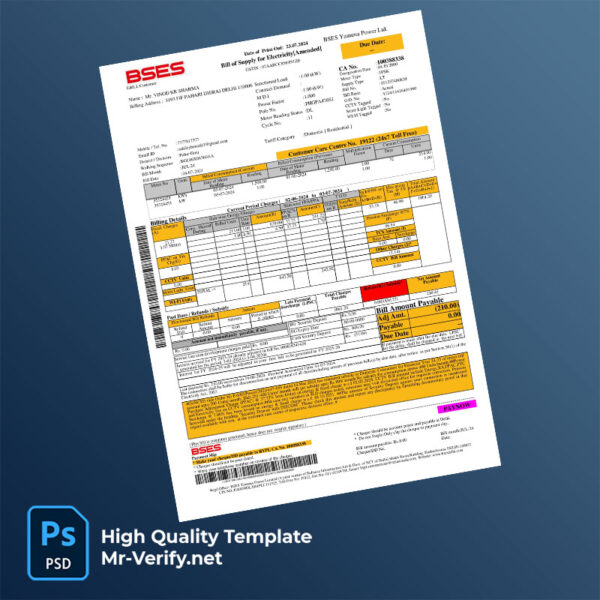 India BSES Yamuna Power Ltd Editable Electricity Bill Template in Word and PDF formats