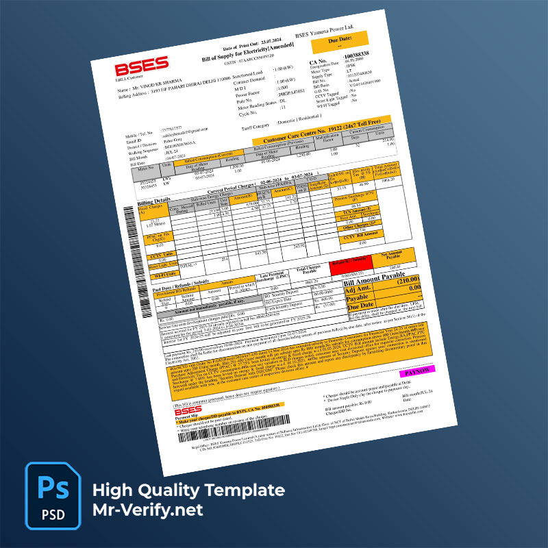India BSES Yamuna Power Ltd Editable Electricity Bill Template in Word and PDF formats India BSES Yamuna Power Ltd Editable Electricity Bill Template in Word and PDF formats