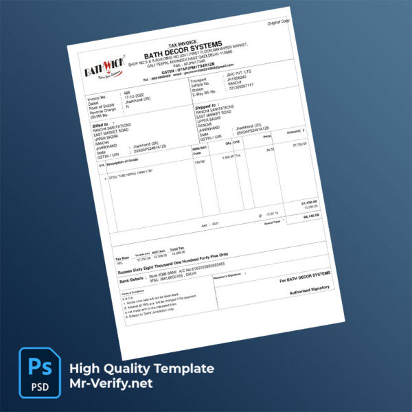 India Bath Decor Systems Editable Tax Invoice Template in Word and PDF formats