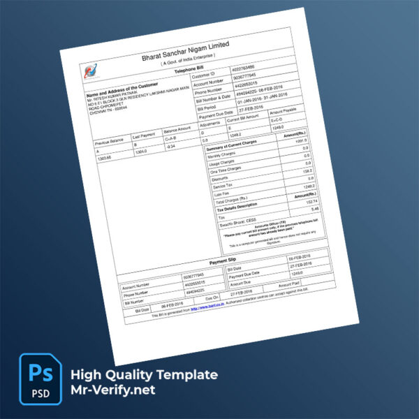 India Bharat Sanchar Nigam Limited Editable Telephone Bill Template in Word and PDF formats