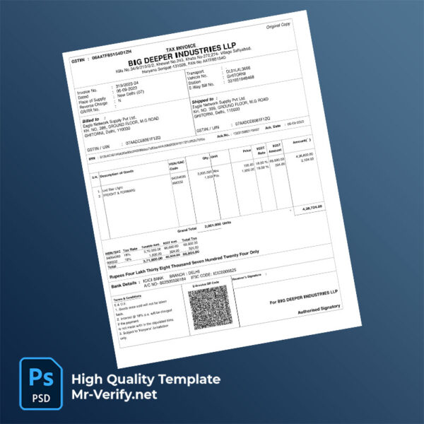 India Big Deeper Industries LLP Editable Tax Invoice Template in Word and PDF formats