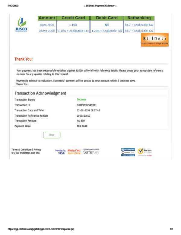 India BillDesk Editable Payment Receipt Template in Word and PDF formats