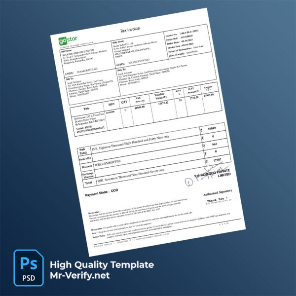 India Bluezoo Private Limited Editable Tax Invoice Template in Word and PDF formats
