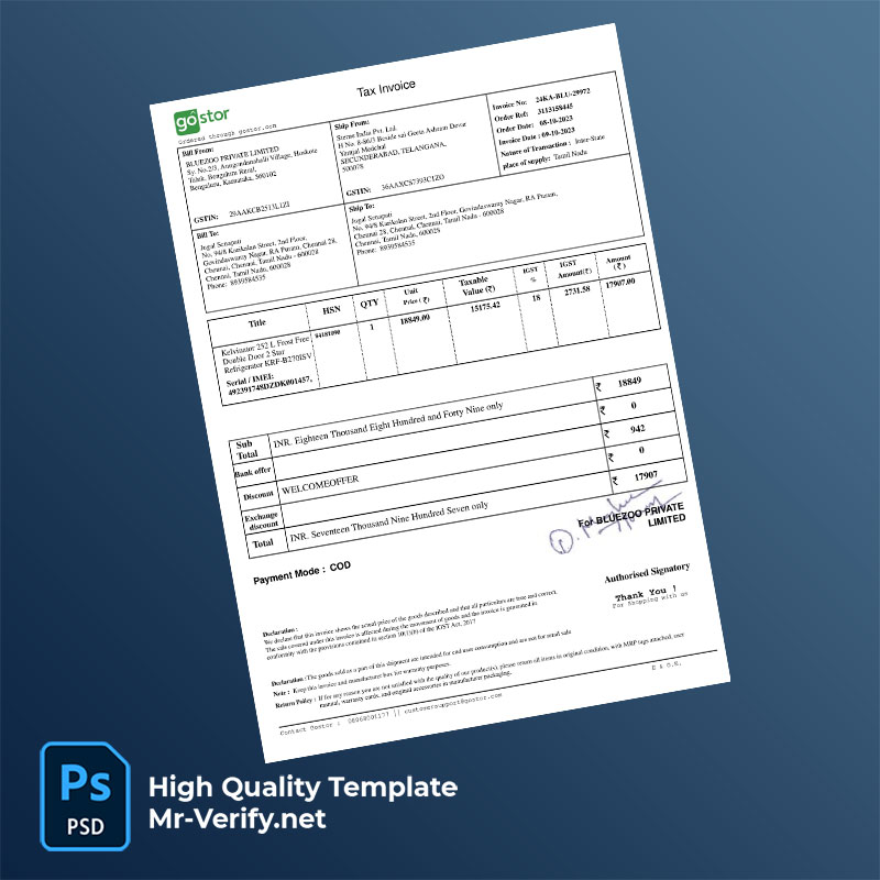 India Bluezoo Private Limited Editable Tax Invoice Template in Word and PDF formats India Bluezoo Private Limited Editable Tax Invoice Template in Word and PDF formats