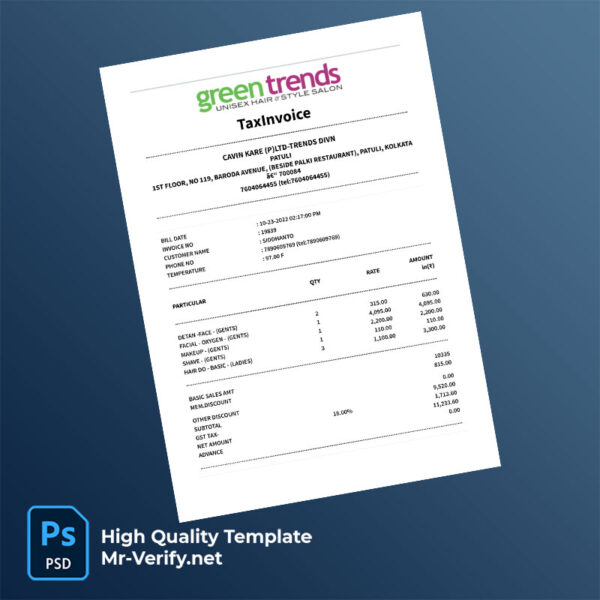 India CavinKare Pvt Ltd Editable Salon Bill Template in Word and PDF formats